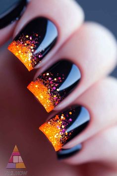 Add some sparkle to your Halloween with these glittery black nails! The bright orange and pink glitter tips make this design stand out, giving you a fun and festive look for the season. Perfect for anyone looking to jazz up their spooky style with simple Halloween nails that are easy to recreate. Save this pin for later and get more Halloween nail art inspo at nailhow.com! 🧡✨ Halloween Nail Ideas, Halloween Nails Easy, Short Nails Art, Seasonal Nails, Halloween Nail Designs, Halloween Nail, Halloween Nail Art, Nail Art Ideas