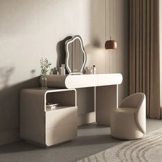 Indulge in a personalized beauty experience with this elegant dressing table, available in two sizes to suit your space perfectly. Its cabinet offers flexibility, allowing left or right placement based on your room layout. The frameless cloud-shaped touch-screen mirror boasts a high-definition surface for crystal-clear reflections, complemented by three-tone lighting that adjusts to your needs, ensuring natural illumination without eye strain. Three intuitive touch controls let you fine-tune you Elegant Dressing Table, Makeup Vanity Lighting, Elegant Dressing, Bedroom Makeup Vanity, Dressing Table Vanity, Light Mirror, Vanity Design, Bedroom Vanity, Wood Drawers