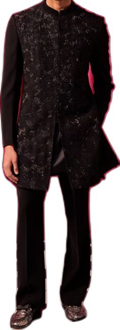 Black Floral Embroidered Sherwani Set Contrast by Parth - Fabilicious Fashion Elegant Evening Kurta With Sequins, Elegant Straight Kurta Bandhgala For Party, Traditional Outerwear With Intricate Embroidery For Parties, Party Eid Sherwani Embellished, Party Sherwani Embellished For Eid, Embellished Sherwani For Eid Party, Festive Embellished Kurta For Evening, Festive Evening Embellished Kurta, Festive Embellished Kurta For Evening Events