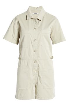 All-in-one utilitarian style is the name of the game with a versatile romper made from stretch-cotton twill. 3" inseam; 26" leg opening; 12 1/2" front rise; 15 1/2" back rise Front button closure Spread collar Short sleeves Chest patch pockets; front patch pockets Adjustable waist 97% cotton, 3% elastane Machine wash, dry flat Made in Turkey Short Sleeve Cotton Overalls For Workwear, Cotton Short Sleeve Overalls For Workwear, Cotton Utility Jumpsuit With Short Sleeves, Cotton Utility Jumpsuits And Rompers With Short Sleeve, Utility Cotton Khaki Jumpsuits And Rompers, Cotton Utility Jumpsuit With Relaxed Fit, Khaki Cotton Relaxed Fit Jumpsuits And Rompers, Short Sleeve Khaki Jumpsuits And Rompers With Pockets, Khaki Short Sleeve Jumpsuit With Pockets