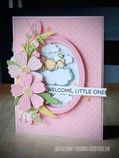 A sweet and pretty handmade greeting card for baby features the phrase "Welcome, little one." The stamped image of a baby bunny asleep on a cloud watched over by his baby bird friend is hand-colored with blending inks and foam mounted for added dimension. The cresent moon is brushed with a touch of Glimmer paint for detail as well as the flower centers. Flowers were diecut and arranged on top of the moon and foam foam mounted for added dimension. The inside is left blank awaiting your personal sentiments.  Images are ©️ Mama Elephant, and sentiment MFT stamps. Die cuts are ©️ Spellbinders and Stampin'Up!  Card is A2 size and measures 4.25" x 5.5" Includes coordinating lined envelope and a plastic storage sleeve. As handmade cards are just that, minor variations in the artwork may occur whe Stampin Up Baby Cards, Baby Birthday Card, Hello Bluebird, Panda Card, Welcome Baby Cards, Baby Cards Handmade, Card Layouts, Cardmaking Ideas, Mama Elephant