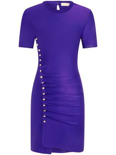 purple viscose blend stretch-silk draped design short sleeves above-knee length Fitted Purple Midi Dress For Evening, Elegant Stretch Purple Midi Dress, Elegant Purple Stretch Midi Dress, Stretch Short Sleeve Bodycon Evening Dress, Evening Stretch Bodycon Dress With Short Sleeves, Formal Fitted Short Sleeve Mini Dress, Fitted Draped Mini Dress In Elastane, Elegant Purple Stretch Bodycon Dress, Fitted Short Sleeve Midi Dress For Evening