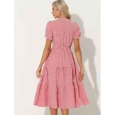 This summer dress features a timeless gingham print, adding a touch of vintage charm to your wardrobe. This pattern never goes out of style and is perfect for creating a retro-inspired look. A must-have option for the new season, adds new styles to your wardrobe. The ruffle trim detailing on this dress adds a feminine and playful touch. It adds dimension to the design, making it an eye-catching piece that will make you stand out. The V-neckline of this dress enhances your neckline and creates a Retro Gingham Dress For Spring, Spring Preppy Short Sleeve Plaid Dress, Retro Gingham Plaid Dress For Spring, Retro Summer Plaid Dress For Picnic, Retro Plaid Dress For Summer Picnic, Retro Plaid Dress For Spring, Preppy Short Sleeve Plaid Dress For Spring, Retro Gingham Plaid Spring Dress, Short Sleeve Gingham Midi Dress For Picnic