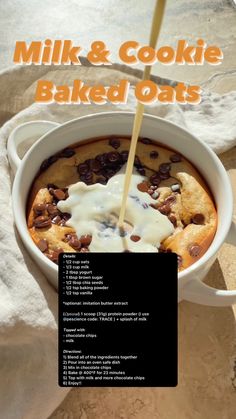 milk and cookie baked oats in a white bowl