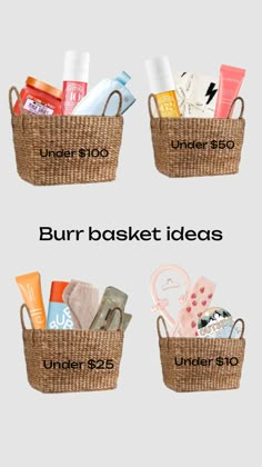 three baskets with different items in them and the words under $ 350 on each basket