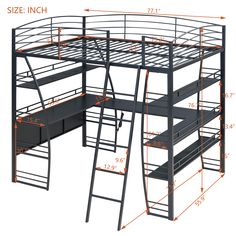 a metal loft bed with stairs and desk underneath it, measurements for the top bunk