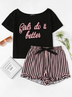 Letter Print Top & Striped Shorts Pajama Set Cute Sleepwear, Cute Pajama Sets, Pajama Outfits, Pajamas Comfy, Lazy Outfits, Cute Pajamas, Lingerie Outfits, Womens Pyjama Sets, Silk Pajamas