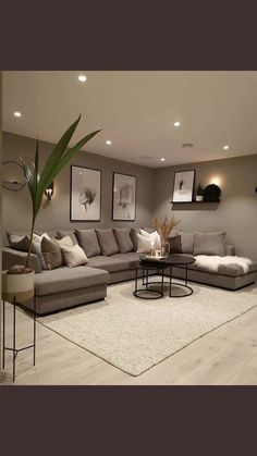 a living room filled with furniture on top of a hard wood floor covered in white rugs