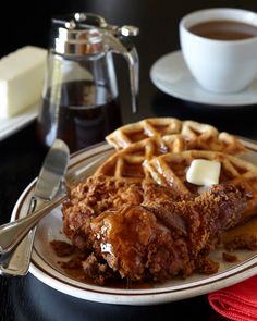 fried chicken and waffles on a plate with butter