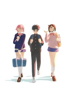 three anime characters are walking down the street, one is carrying a suitcase and the other has a backpack