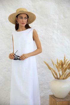 Maxi Linen Dress Open Back Boat Neck Sleeveless Dress Sundress - Etsy Elegant Sleeveless Unlined Maxi Dress, Chic Linen Maxi Dress For Summer, Linen A-line Sleeveless Dress For Vacation, Elegant Linen Maxi Dress For Beach, Elegant Linen Midi Dress For The Beach, Linen A-line Maxi Dress For Beach, Summer Linen A-line Sleeveless Dress, Unlined Sleeveless Dress For Daywear In Summer, Fitted Unlined Linen Dress For Beach