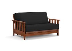 a wooden futon with black fabric on the top and bottom, sitting in front of a white background