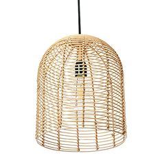 the light fixture is made out of bamboo and has a black cord hanging from it