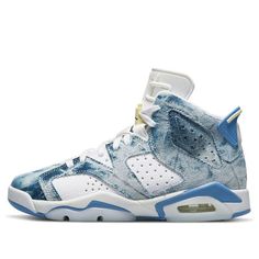 The Air Jordan 6 Retro 'Washed Denim 2022' is a classic silhouette for kids that combines the best of style and comfort. The upper is made of high-quality materials and features iconic details that make it a timeless piece. The perforated design ensures breathability and comfort, making it an ideal choice for summer activities. Inspired by the classic Jordan 6 series, this sneaker is perfect for any occasion. The rubber sole adds extra durability and the blue colorway makes it a stylish addition to any wardrobe. (AJ6/SNKR/Non-Slip/High Top/Basketball) White Denim Sporty Sneakers, Casual Light Blue Cotton Sneakers, Blue Denim Sneakers For Sports, White Denim Sneakers For Spring, Spring Denim Sneakers For Streetwear, Denim Blue Cotton Sneakers For Streetwear, Spring Denim Blue Sneakers For Streetwear, Denim Blue Cotton Casual Sneakers, Casual Denim Blue Cotton Sneakers