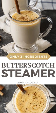 two mugs of butterscotch steamer with cinnamon sticks in them and the title overlay reads only 3 ingredients