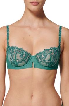 Lace demi cups offer divine comfort and a flattering shape in a bra that has the makings of an everyday favorite. 56% polyamide, 36% polyester, 8% elastane Hand wash, dry flat Imported Green Push-up Bra With Padded Cups, Fitted Green Underwire Bra, Fitted Green Bra With Padded Cups, Elegant Green Push-up Bra, Elegant Green Bra With Padded Cups, Elegant Green Underwire Bra, Demi Cup, Simone Perele, Demi Bra