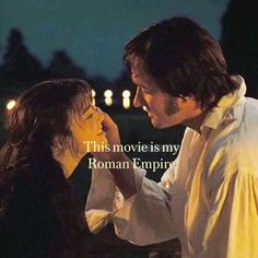 a man and woman standing next to each other in front of the words, this movie is my roman empire