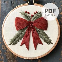 Christmas Decor Embroidery, Christmas Pillow Embroidery Patterns, Embroidery Hoop Inspiration, Christmas Embroidery Gift Ideas, Embroidery Bow Pattern, Bow Embroidery Pattern, Holiday Embroidery Ideas, Embroidery Gifts For Friends, Beginner Embroidery Projects