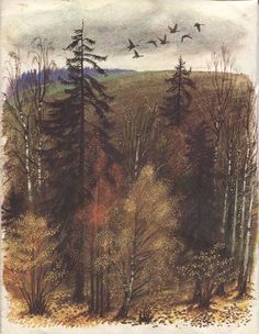 a painting of trees and birds flying in the sky