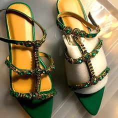 New In Box Green Jeweled Rhinestone Sandals Size 42 Cut Small Will Fit Size 10. Green Flat Sandals For Evening, Elegant Green Sandals With Rhinestones, Jeweled Sandals, Rhinestone Sandals, Women's Shoes Sandals, Shoes Sandals, Size 10, Women Shoes, Sandals