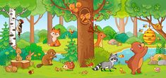 cartoon forest scene with animals and birds