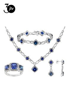 18.39ctw Square Cushion Lab Created Blue Sapphire And 0.02ctw Round White Diamond Rhodium Over Brass Necklace, Bracelet, Ring And Earring Jewelry Set. Necklace Measures Approximately 18"L x 0.99"W With Lobster Clasp Closure. Bracelet Measures Approximately 7.25" x 0.42"W With Box Clasp Closure And Safety Lock. Ring Measures Approximately 0.89"L x 0.44"W. Not Sizeable. Dangle Earrings Measure Approximately 1.25"L x 0.43"W With Pushbackings. Sapphire Diamond Necklace, Diamond Necklace Set, Ring Earring, Bracelet Ring, Brass Necklace, Earring Jewelry, Sapphire Diamond, Necklace Bracelet, White Diamond