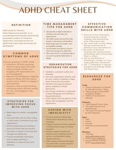 This ADHD cheat sheet offers helpful information for individuals coping with Attention Deficit Hyperactivity Disorder (ADHD). The sheet provides a definition of ADHD, Common Symptoms of ADHD, Strategies For Improving Focus With ADHD, Time Management Tips For ADHD, Organization Strategies For ADHD, Tips For Coping With Impulsivity, Effective Communication Skills With ADHD, and Resources For Managing ADHD. Psych Notes, Emotional Management, Psychology University, Mental Resilience, Executive Function, Mental Health Facts, Attention Deficit, Executive Functioning, Vie Motivation