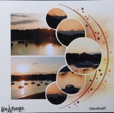 three pictures of boats in the water at sunset or sunrise, with circles around them