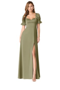 Let your bridal party be cutesy and playful while wearing our all stretch satin bridesmaid dress, Harlie. Her sweetheart neckline is framed with gathered short puff sleeves that cinch ever so slightly at the bicep. The back has delicate gathering detail along the zipper while the A-line skirt fashions a front side slit. Pink Brides Maid Dresses, Bridesmaid Dresses Satin, Long Sleeve Bridesmaid Dress, Stretch Satin Dress, Fall Bridesmaid Dresses, Bridal Party Outfit, Azazie Bridesmaid Dresses, Green Bridesmaid Dresses, Long Bridesmaid Dress