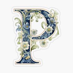 the letter p with flowers and vines on it sticker is shown in blue color