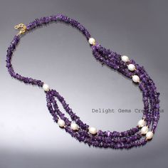 "Product Detail:- Item Code: DGC-3776 Product Item: Beaded Necklace Gemstone Name: Natural Amethyst With Pearl Size: 5x6mm/9x10mm (Approx.) Stone Color: Purple / White Shape: Chips / Faceted Round Length: 24\"+26\" inch/1\" inch Ext. (Approx.) Weight: 365Cts (Approx.) Stone Treatment: Natural Customization/ Bulk: Available Please Feel Free To Contact If You Require Any Further Information. **We are continuously adding new products in our store. So keep coming back to see more great deals**" Longchain Designs, Purple Beads Necklace, Purple Beaded Jewelry, Amethyst Jewelry Necklace, Amethyst Jewellery, Purple Beaded Necklace, Tiny Bead Bracelet, Purple Bead Necklace, Black Beads Mangalsutra Design