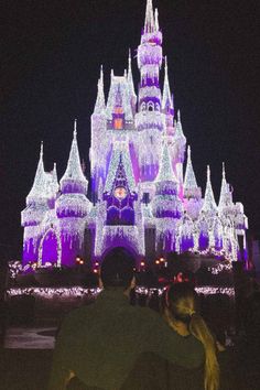 people standing in front of a castle lit up at night with christmas lights on it