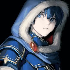 an anime character with blue eyes and a hood