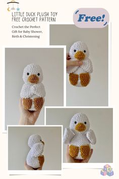 the little duck plush toy crochet pattern is shown in three different pictures, including one