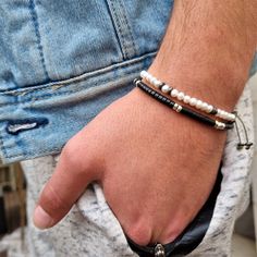 White freshwater pearls with sterling silver spacers and large special fastening (available in  14K gold plated) for you the groom who is looking for a unique accessory on your wedding day. Classic but unique with a timeless quality. 𝗦𝗶𝘇𝗲𝘀: There are different sizes for the bracelets 5.8" (14.7 cm) 6.4" (16.2 cm) 7.3" (18.5 cm) This bracelet is intended to be layered, which means this bracelet will complement pieces you already own. * Choose your bracelet size by measuring your wrist and ad Modern Adjustable Pearl Bracelet, Adjustable Pearl Bracelet With Silver Beads, Classic Adjustable Beaded Bracelets With Silver Beads, Adjustable Modern Pearl Bracelet As Gift, Adjustable Modern Pearl Bracelet For Gift, White Modern Beaded Bracelets, Modern White Beaded Bracelets, Modern White Beaded Bracelet, Modern White Adjustable Bracelets