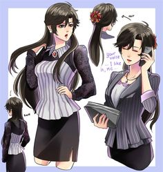 an anime character is talking on her cell phone and holding a clipboard in one hand