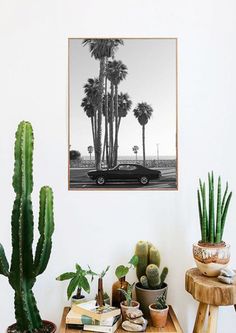 a table topped with potted plants next to a wall mounted art print on the wall