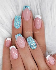 Trendy Blue Nails, Joy Nails, Glitter French Nails, Blue Gel Nails, Nagel Tips, Simple Gel Nails, Smink Inspiration, Casual Nails