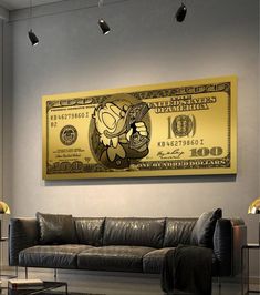 a living room filled with furniture and a large dollar bill on the wall above it