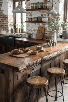 a kitchen with wooden counter tops and stools