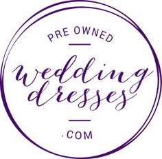 the logo for pre owned wedding dresses com, which is purple and white with black lettering