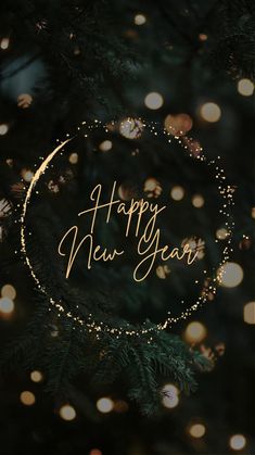 a happy new year card with lights on the background