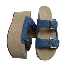 Michael Kors Women's Delilah Logo And Suede Platform Sandal Size: 8m Style# 40s0dlfp1b Color: Dk Chambray Logo-Print Twill 69% Coated Canvas/17% Polyester/13% Cotton/1% Polyurethane Lining: Polyturethane Blend Sole: Rubber Open Toe Heel Height: 3" Heel Type: Wrapped Brand New With Box 100% Authentic Michael Kors Sandals With Buckle Closure For Spring, Michael Kors Leather Sandals With Cushioned Footbed, Michael Kors Synthetic Sandals With Branded Insole, Michael Kors Wedge Heel Sandals, Michael Kors Casual Platform Sandals, Michael Kors Flat Sandals, Casual Michael Kors Platform Sandals, Michael Kors Casual Leather Sandals, Casual Michael Kors Leather Sandals