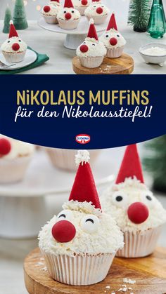 Süßes Nikolaus Muffins Rezept ausprobieren! Kinderleicht gemacht aus Dr. Oetker Muffins Backmischung, Zuckeraugen und roten Nikolaus-Mützen aus Marzipan. Dr. Oetker Rezepte, Nikolaus Überraschung, Nikolaus Geschenk, Nikolausgeschenke selber machen, Nikolausgeschenke Kollegen, Nikolausgeschenk Kinder, Nikolausgeschenk Kindergarten, Nikolausgeschenk Freund, Nikolausgeschenk verpacken, Nikolausgeschenke Erwachsene, Nikolausgeschenk aus der Küche Christmas Muffins, Cupcake Muffins, Christmas Cake, Christmas Desserts, Cake Decorating, Kindergarten