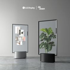 two mirrors with a plant in them on the floor next to each other and an advertisement for a store