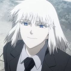 an anime character with white hair and blue eyes