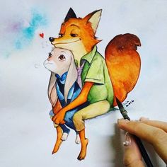 a drawing of a fox and a dog sitting on each other's back, with one holding the other