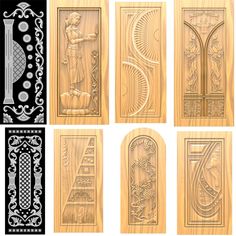 carved wooden doors with different designs and patterns on the front, side, and back sides