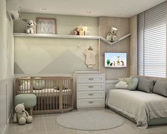 a baby's room with a bed, dresser and crib in the corner