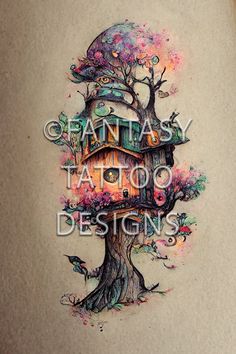 a tree house tattoo design on the back of a woman's stomach and chest